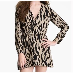 Parker Silk Dress Women's S Leopard Print Tan Brown Long Sleeve Mini Dress